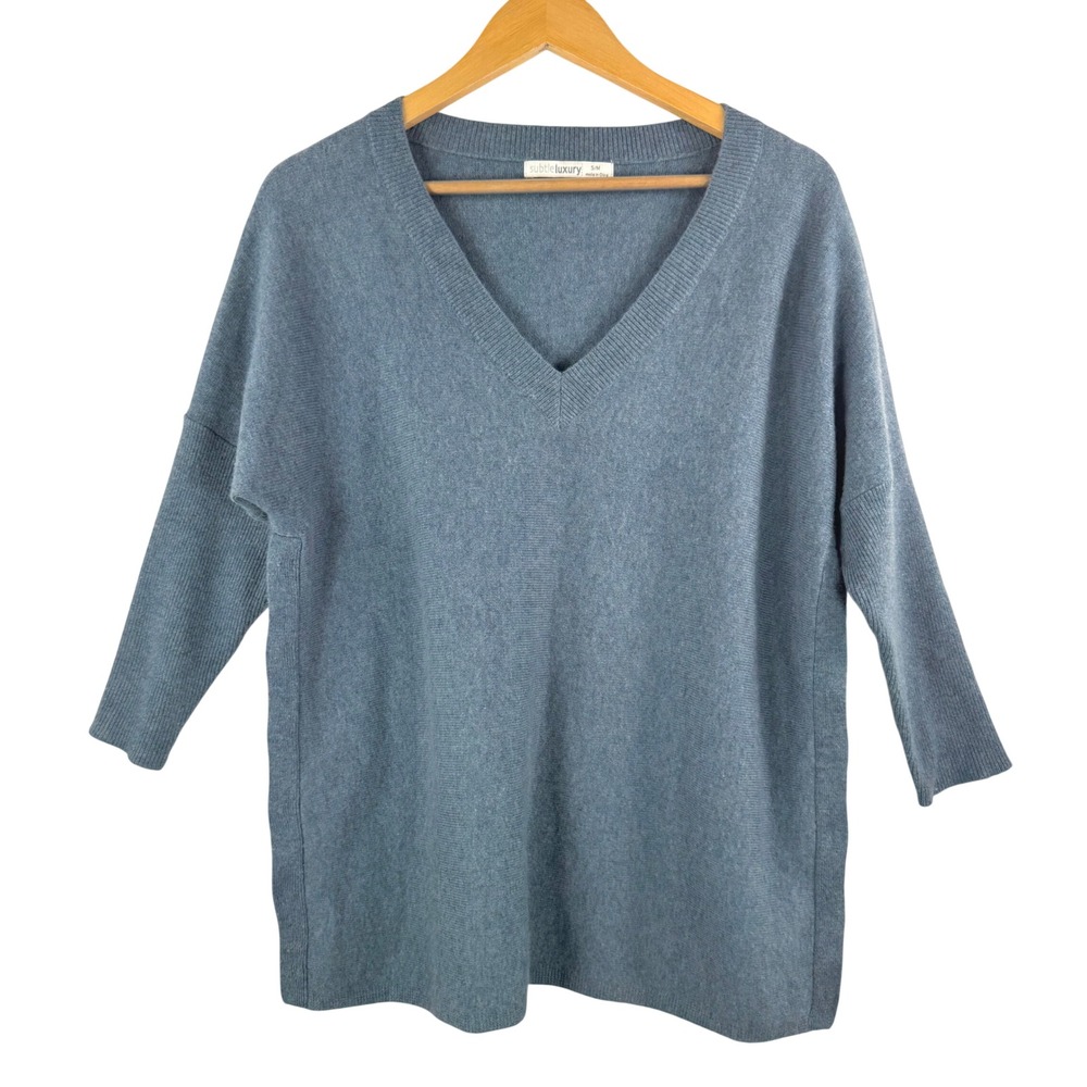 Subtle Luxury Blue V Neck 3/4 Sleeve 100%‎ Cashmere Sweater Size S M